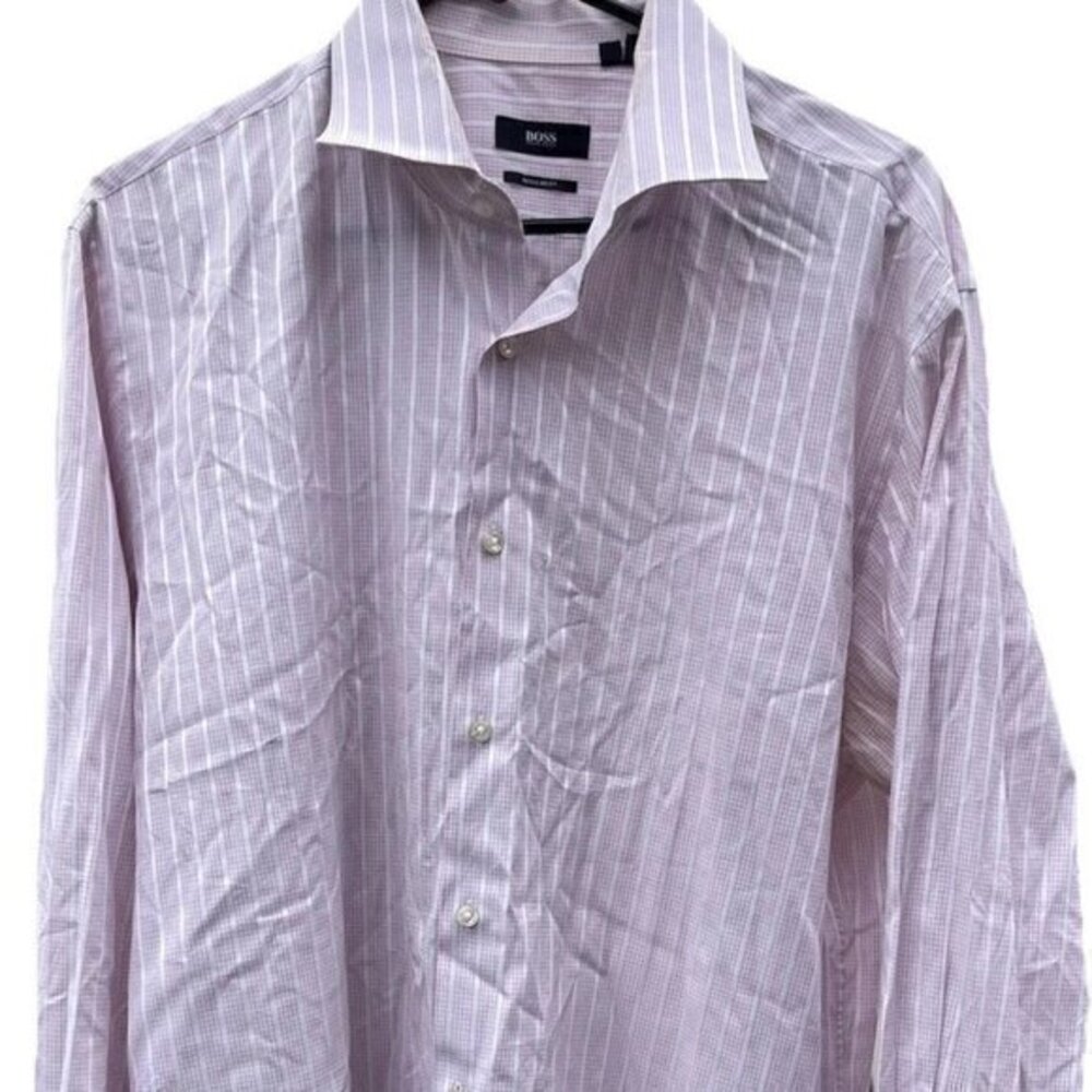 Hugo Boss Shirt Mens 17.5 Long Sleeve Pink Striped Regular Button Down Large